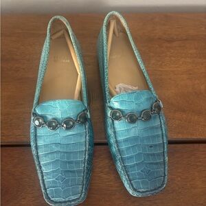 Stuart Weitzman Turquoise Crocodile-Patterned Flats